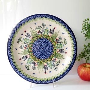 Polka Dot Chicken Dinner Plate 10-1/4": Polish Pottery Stoneware, Hand-Painted