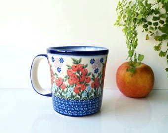 Handmade Polish Pottery Mug 14oz: Cranberry pattern, Stoneware.