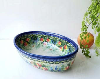 Polish Pottery Oval Baker: Tulip bee pattern handmade Stoneware. Casserole Dish
