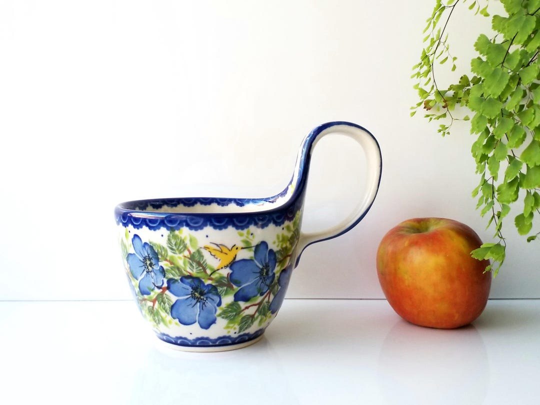 16oz Bowl W Loop-handle Blue Magnolia Pattern Handmade Polish Pottery ...