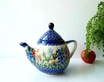 44 oz teapot Carnations in the meadow pattern handmade polish pottery stoneware