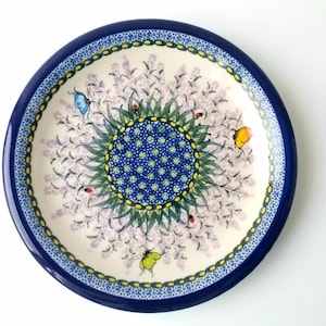 10-1/4&quot; diameter dinner plate lavender pattern handmade signed polish pottery stoneware microwave dishwasher oven safe gift Kalich Poland
