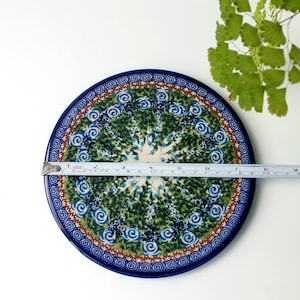 May include: A round, ceramic plate with a blue rim and a floral design in shades of green and blue. The plate is approximately 8 inches in diameter. A measuring tape is laid across the plate.