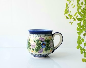 10 oz bubble mug lavender wreath pattern handmade signed polish pottery