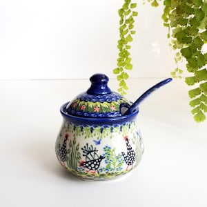 Handmade Polish Pottery pot 8oz: Stonware, polka dot pattern