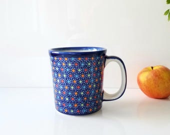 Handmade Polish Pottery Mug: Blue Polka Dot Stoneware, 14oz