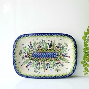 platter chicken pattern handmade signed polish pottery stoneware