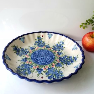 Handmade Polish Pottery Pie Dish: Blueberry Stoneware Baker, Signed