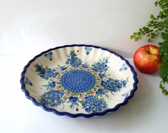 Handmade Polish Pottery Pie Dish: Blueberry Stoneware Baker, Signed