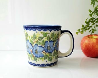 14oz mug straight. Polish Pottery stoneware, handpainted, blue magnolia pattern. Handmad in Poland.