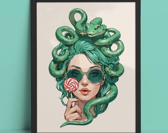 Green Medusa Art Poster: Modern Mythology Portrait (Digital Download)