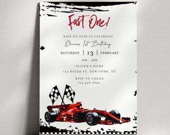 Invitación para el primer cumpleaños de un coche de carreras: Fórmula 1, rojo (descarga digital)