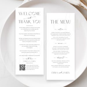 Puede incluir: Dos tarjetas de menú de boda blancas sobre un plato blanco. La tarjeta izquierda dice "WELCOME and THANK YOU" con un código QR. La tarjeta derecha dice "THE MENU" con opciones de entrantes y postres. Diseño elegante.