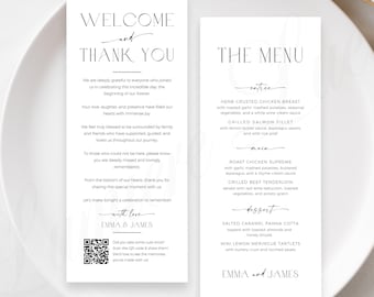 Plantilla Canva para menú de boda y tarjetas de agradecimiento con código QR, tarjetas de mesa editables, notas para servilletas, descarga instantánea, imprimibles para bodas DIY