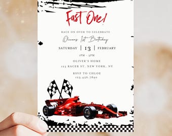 Invitation Fast One Birthday : voiture de course, thème F1 (téléchargement numérique)