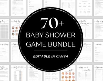 Más de 70 plantillas de juegos para bebés imprimibles, paquete de juegos divertidos para baby shower, paquete minimalista para baby shower, juegos editables para revelar el género, CANVA