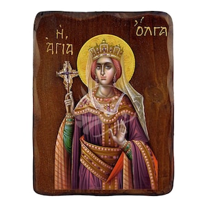 Saint Olga icon, Handmade Greek Orthodox icon of St Olga, Byzantine art wall hanging plaque, religious gift, christian decor