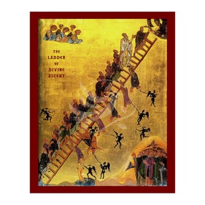 Könnte beinhalten: Künstlerische Darstellung von "Die Leiter des göttlichen Aufstiegs" mit goldenem Hintergrund und rotem Rahmen. Das Bild zeigt Figuren, die eine Leiter hinaufsteigen, mit dem Text "The Ladder of Divine Ascent".