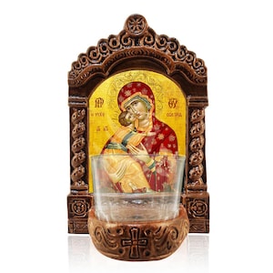 Virgin Mary Vigil Lamp, Our Lady the Savior of Souls Greekmade Tabletop Icon, Handmade Ceramic Vigil Lamp with Glass Cup