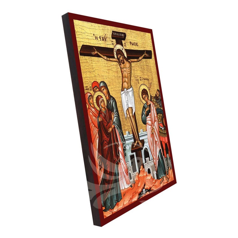 May include: A religious icon depicting the crucifixion of Jesus Christ. The icon is painted in a traditional style with vibrant colors and gold accents. Jesus is depicted on the cross with a crown of thorns and surrounded by figures of Mary and other mourners. The icon is framed in a dark wood frame.