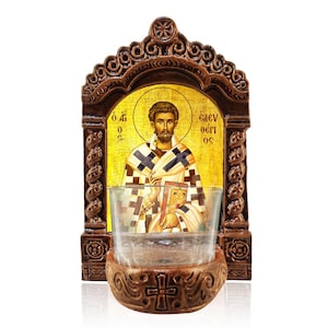 Saint Eleutherios Vigil Lamp, Saint Eleutherios the Martyr and Bishop of Illyricum Tabletop Icon, Handmade Ceramic Vigil Lamp with Glass Cup