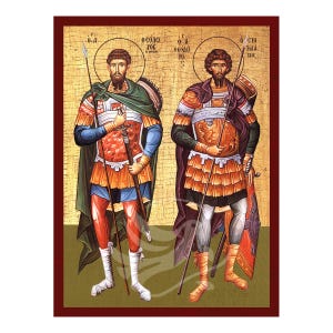 Saints Theodore the Tyro and Theodore the Stratelates Icon, Handmade Greek icon, Byzantine art wall hanging plaque, christian gift