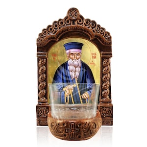 Saint Cosmas Vigil Lamp, Saint Cosmas of Aetolia Greekmade Tabletop Icon, Handmade Ceramic Vigil Lamp with Glass Cup