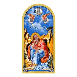 Prophet Elijah Icon with Painted Sky and Angels 38x18cm, Handmade Wooden Orthodox Wall Art, Byzantine hanging plaque, Christian gift