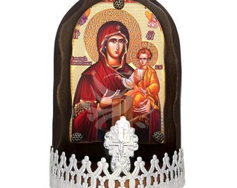 Lámpara de vigilia con luz, icono de sobremesa con himno de protección de la Virgen María (Fovera Prostasia), madera tallada a mano con detalles de metal