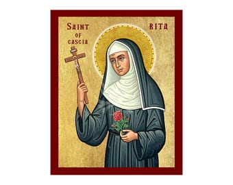 Könnte beinhalten: Eine Ikone der Heiligen Rita von Cascia, rot gerahmt. Die Heilige ist in einem schwarzen Habit und weißem Schleier dargestellt und hält ein Kruzifix und eine Rose. Der Hintergrund ist goldfarben mit dem Text "Saint of Cascia" und "Rita".