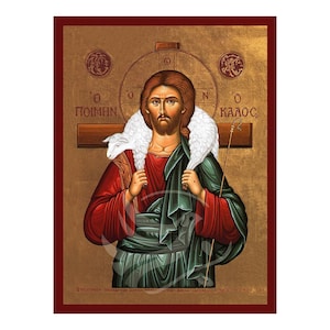 Jesus Christ the Good Shepherd, Handmade Greek Orthodox icon of Jesus Christ, Byzantine art wall hanging plaque, christian art