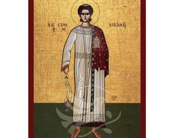 Saint Stephen the First Martyr Icon, Handmade Greek icon of Saint Stephen, Byzantine art wall hanging plaque, christian gift