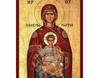 Virgin Mary The Deliverer Icon, Handmade Greek icon of Panagia Eleutherotria, Byzantine art wall hanging plaque, christian gift