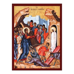 The Raising of Lazarus Icon, Handmade Greek icon of Egersis Tou Lazarou, Byzantine art wall hanging plaque, christian gift