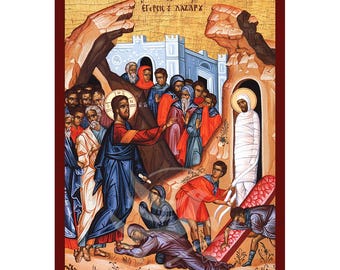 The Raising of Lazarus Icon, Handmade Greek icon of Egersis Tou Lazarou, Byzantine art wall hanging plaque, christian gift