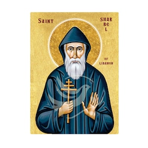 May include: An icon of Saint Sharbel of Lebanon. The image features a man with a long white beard and a dark blue hooded robe, holding a gold cross. The background is gold with the words "Saint Sharbel of Lebanon".