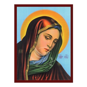 Our Lady of Sorrows, Handmade Byzantine icon of Panagia Tethlimmeni, Virgin Mary Religious art wall hanging plaque, christian gift