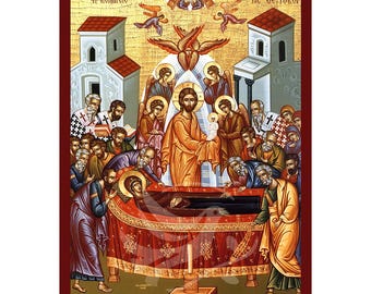 The Assumption of the Virgin Mary Icon, Handmade Byzantine icon of Koimisi tis theotokou, Religious art wall hanging plaque, christian gift