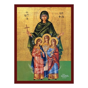 May include: An icon depicting the Virgin Mary with three saints. The Virgin Mary is wearing a green robe and holding a cross. The three saints are wearing colorful robes and holding crosses. The icon is painted in a traditional Byzantine style.