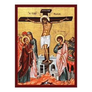 The Crucifixion of Christ Icon, Handmade Greek Orthodox icon of Jesus Christ, Byzantine art wall hanging plaque, byzantine art