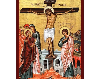 Het pictogram van de kruisiging van Christus, handgemaakt Grieks-orthodox icoon van Jezus Christus, Byzantijnse kunst muur hangende plaquette, Byzantijnse kunst