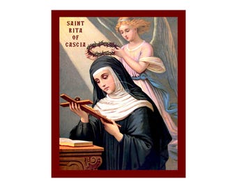 Könnte beinhalten: Religiöses Bild von der Heiligen Rita von Cascia, in schwarzer Tracht, mit einem Holzkreuz. Ein Engel bietet eine Dornenkrone an. Das Bild hat einen roten Rahmen und den Text "SAINT RITA OF CASCIA".