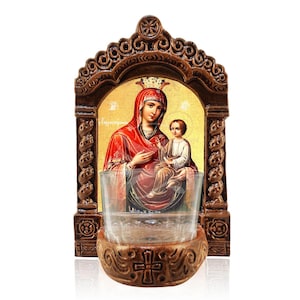 Virgin Mary Gorgoepikoos Vigil Lamp, Panagia Quick to Hear Ceramic Tabletop Icon, Handmade Vigil Lamp with Glass Cup