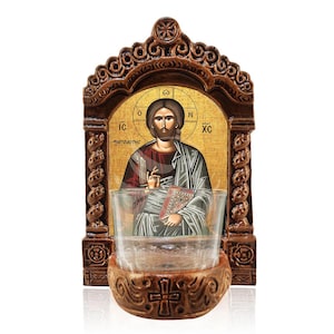 Jesus Christ Vigil Lamp, Jesus Christ the Light-Giver Greekmade Tabletop Icon, Handmade Ceramic Vigil Lamp with Glass Cup