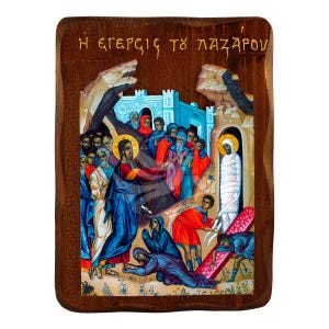 The Raising of Lazarus icon, Handmade Greek icon of Raising of Lazarus, Byzantine art wall hanging plaque, religious gift, christian decor