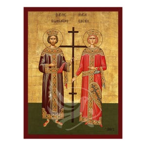 Può includere: Icona bizantina che raffigura San Costantino e Sant'Elena in piedi su entrambi i lati di una croce. L'icona è dipinta in uno stile tradizionale con sfondi dorati e dettagli intricati. Il testo in alto recita "Ο ΑΓΙΟΣ ΚΩΝΣΤΑΝΤΙΝΟΣ" e "Η ΑΓΙΑ ΕΛΕΝΗ".