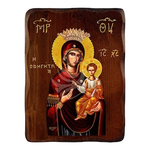 Our Lady of the Way icon, Handmade Greek icon of Panagia Hodigitria, Byzantine art wall hanging plaque, religious gift, christian decor
