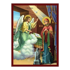 The Annunciation of the Theotokos Icon, Handmade Greek icon of Evangelismos Tis Theotokou, Byzantine art wall hanging plaque, christian gift