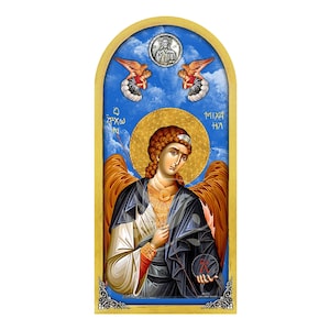 Archangel Michael Icon with Painted Sky and Angels 38x18cm-15x7.1 inches, Handmade Wall Art, Angel Michael, Christian Gift
