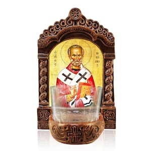 Saint Nicholas Vigil Lamp, Agios Nikolaos Tabletop Icon, Handmade Ceramic Vigil Lamp with Glass Cup